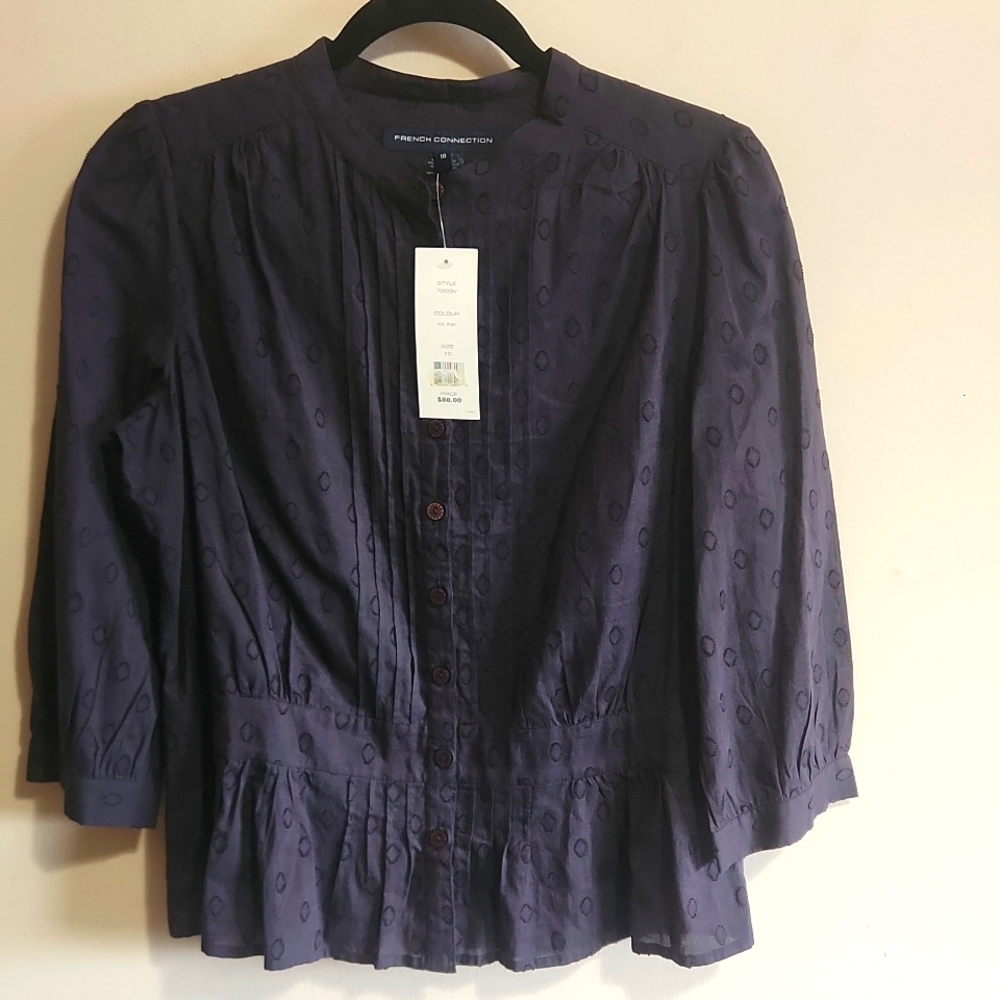 French Connection Navy Blue Patterned Peplum Blouse